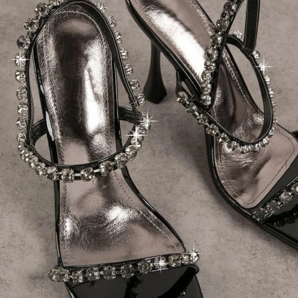 Square Toe Rhinestone Detail Black Heels - Picture 3 of 4